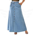 Saia Jeans Longa Botões Tendência Moda Evangélica